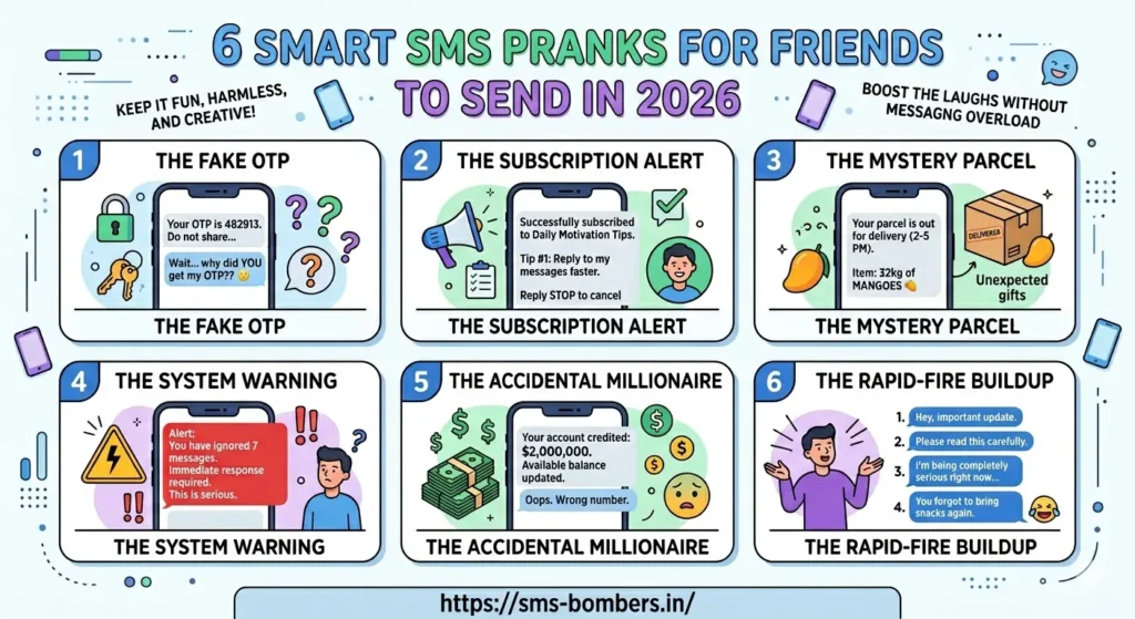 Top Best SMS Prank for Friends: Funny & Viral Ideas 2026 Using SMS Bombers 1 Infographics of 6 Smart SMS Pranks to Send Your Friends in 2026