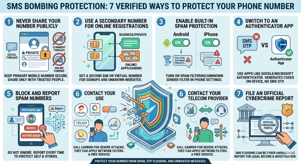 SMS Bombing Protection: Secure Your Number from SMS Bombing Attacks in 2026 1 Infographics of SMS Bombing Protection Tips