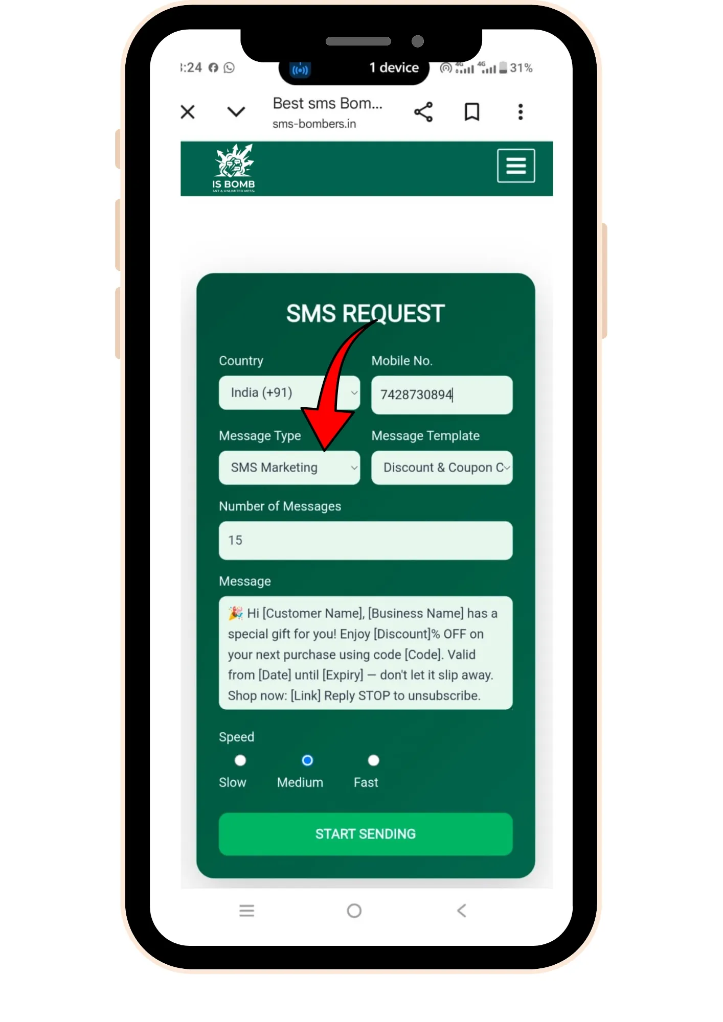Fast & Free SMS Bomber Online Tool – Easy Prank Messaging 12 Sms-bomber-Screenshot-Choose-Message-Type