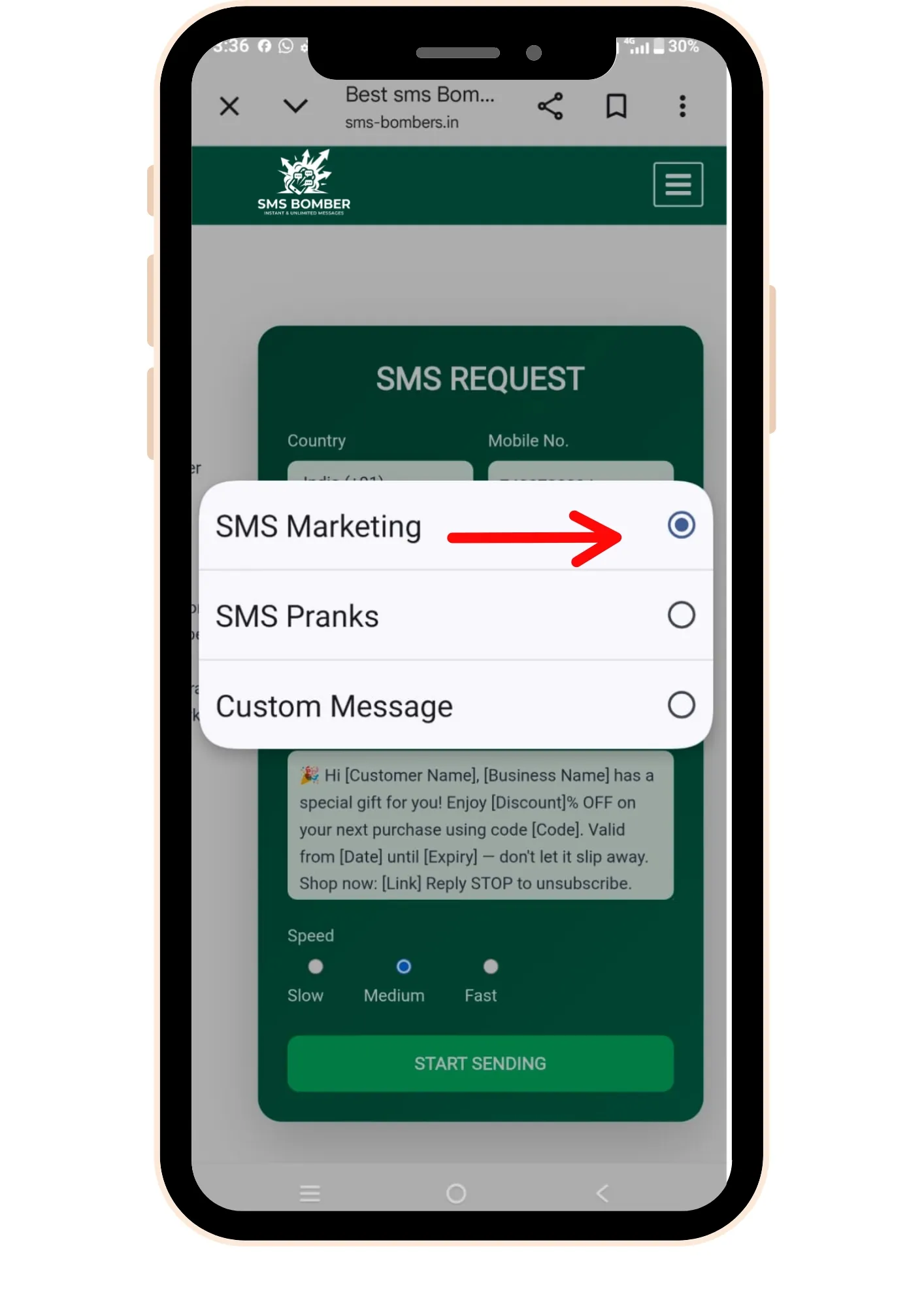 Fast & Free SMS Bomber Online Tool – Easy Prank Messaging 13 Sms-bomber-Screenshot-Select-your-fvrt-message-Type